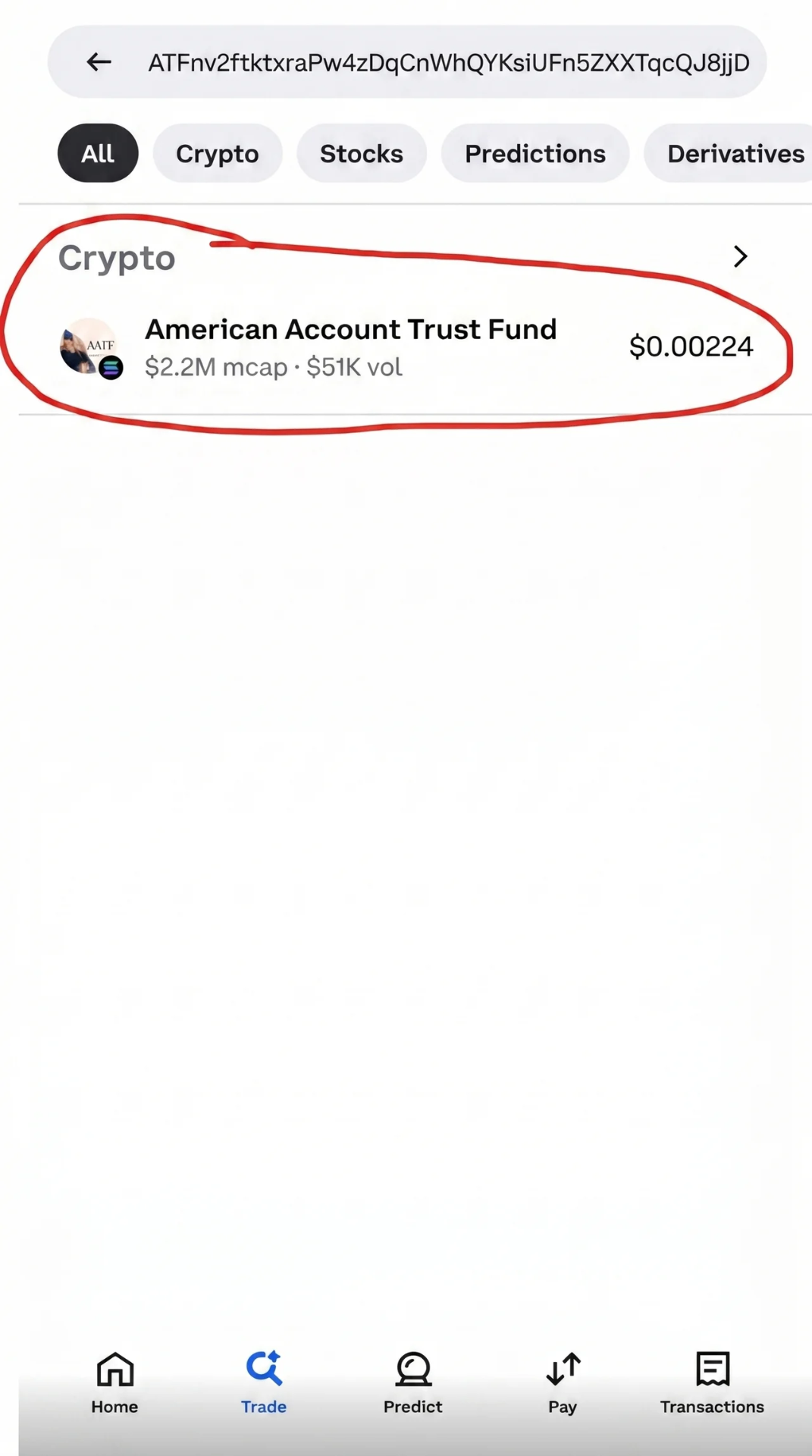 Coinbase search showing American Account Trust Fund after pasting the AATF contract address